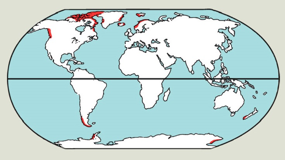 A fjordok elhelyezkedése a világon. (Vörös színnel jelölve) Forrás: http://www.arcticsurfblog.com/ szerkesztett.