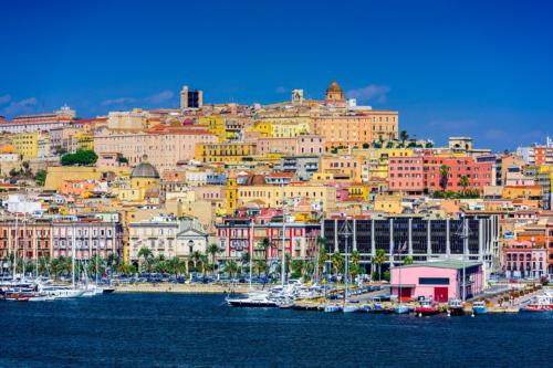 Cagliari, Sardinia, Italy coastal skyline on the Mediterranean Sea.