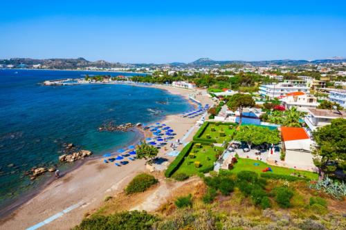 Faliraki beach aerial panoramic view in Rhodes island in Greece