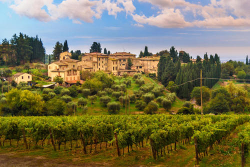 View on Fonterutoli on sunrise. It is hamlet of Castellina in Chianti in province of Siena. Tuscany. Italy.