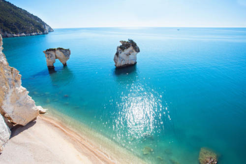 Scenic beach sea view on Italian coast (Baia delle Zagare beach, Gargano), Puglia, Italy, Travel, nature, landscape, seascape concept