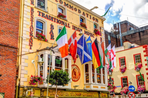 Dublin, Ireland - July 10, 2019: Traditional Irish Pub exteriors in Temple Bar in Dublin Ireland