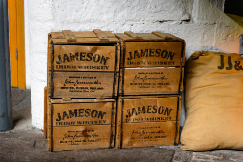 DUBLIN, IRELAND - JULY 12, 2016: Box of the whiskey in the Old Jameson Distillery, Smithfield Square in Dublin, Ireland. The original site where Jameson Irish Whiskey was distilled until 1971
