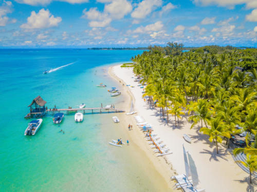 Aerial view of beautiful beach in Trou aux Biches, Mauritius.